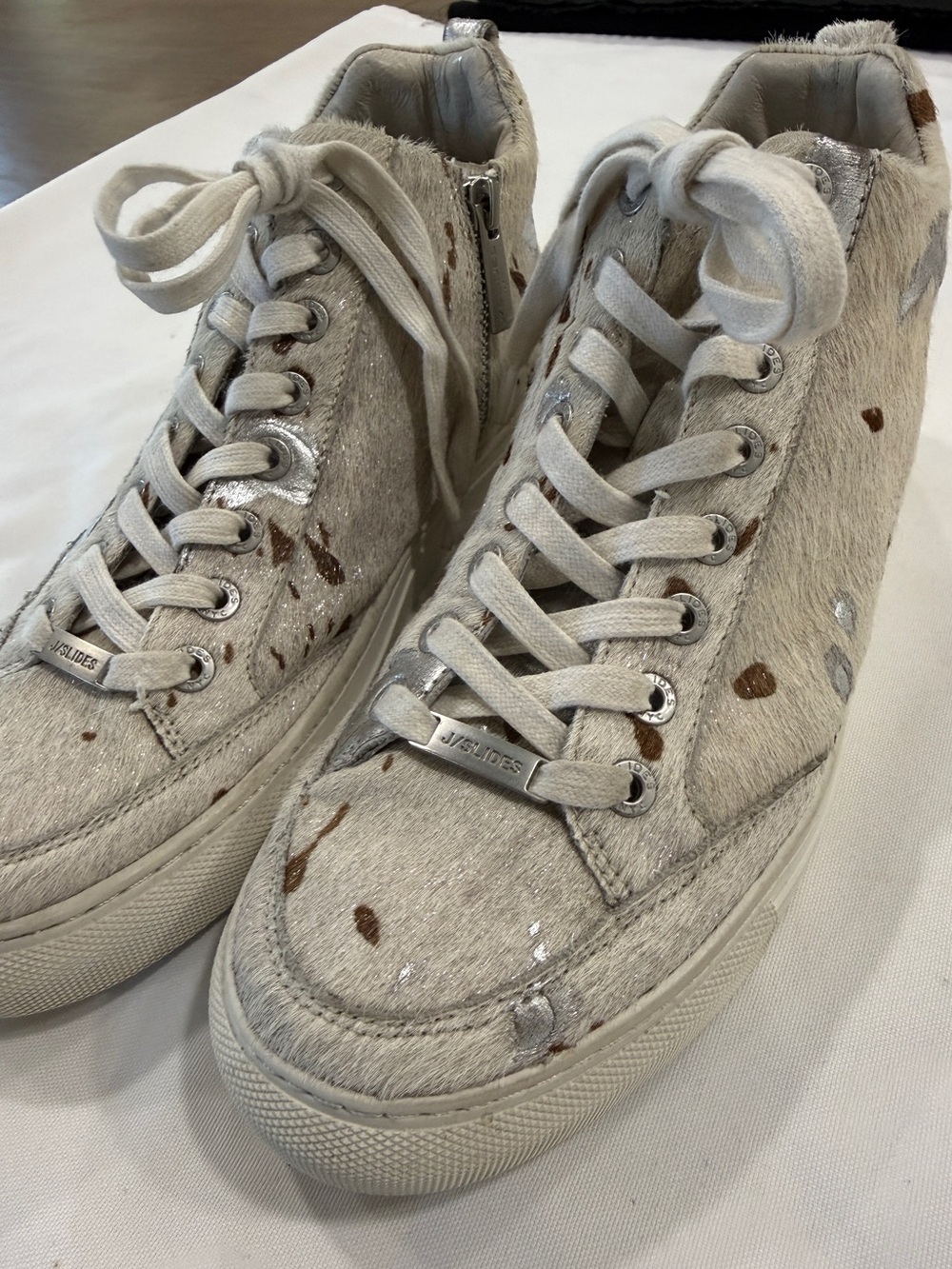 J/Slides Ludlow Pony calf hair metallic high top sneakers